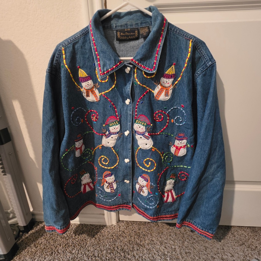 New Direction Womens XL Denim Snowman Embroidered Jacket Holiday Festive Blue - Picture 2 of 8